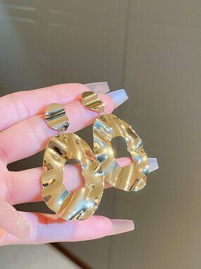 Gold Abstract Statement Earrings Hammered Metal Drop Earrings Retro Chic Jewelry